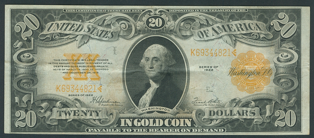 Fr.1187, 1922 $20 Gold Certificate. K69344821, VF/XF